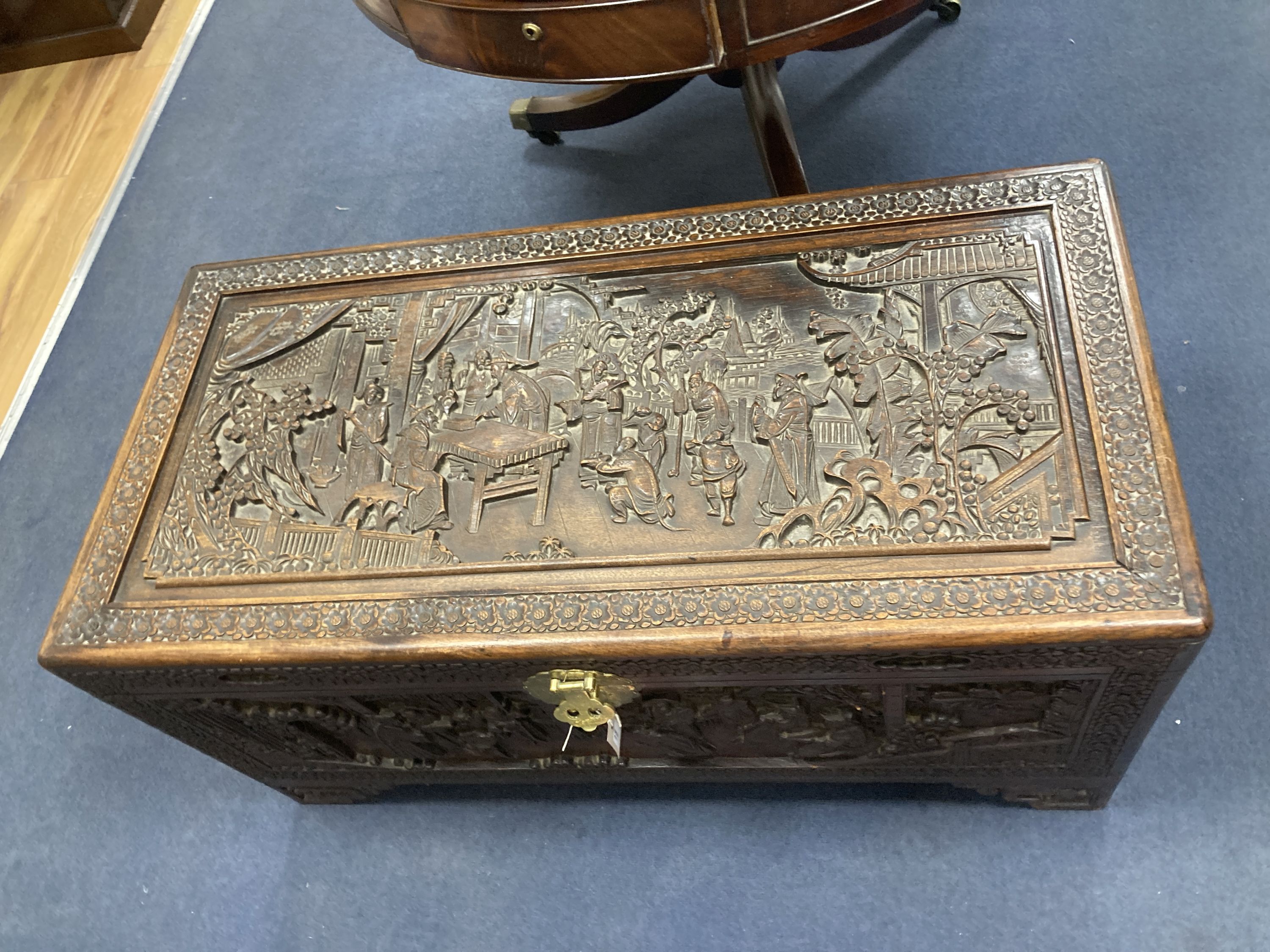 A carved camphorwood blanket box, length 101cm, depth 50cm, height 50cm